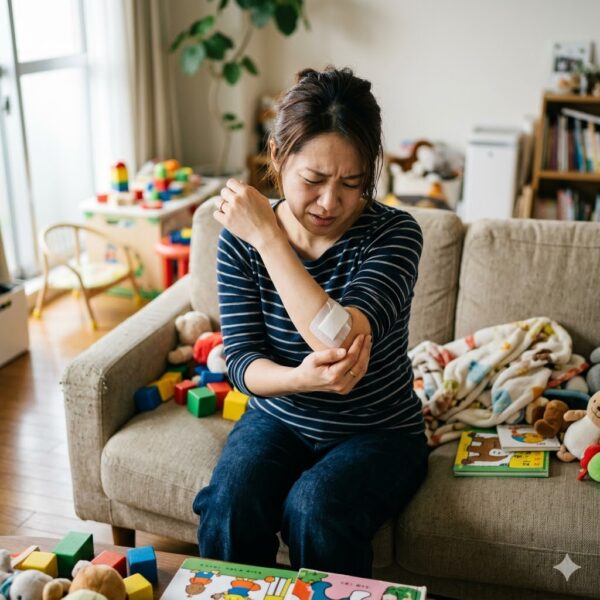 育児でテニス肘になってしまった女性の画像（いわくら肩甲骨骨盤接骨院）