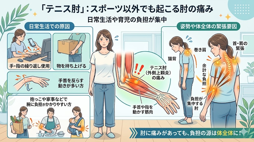 岩倉市と一宮市で営業しているいわくら肩甲骨骨盤接骨院のテニス肘のブログで育児や家事でテニス肘（外側上顆炎）になってしうまう原因の説明画像。