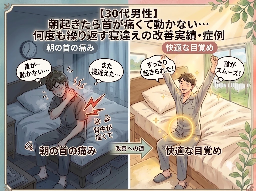 岩倉市と一宮市の間で営業しているいわくら肩甲骨骨盤整骨院での【30代　男性】何度も繰り返す寝違え・首の痛みが改善した実例。のサムネイル画像