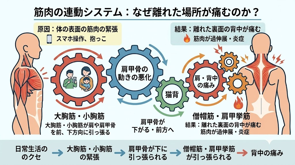 背中の痛みの説明用の画像。いわくら肩甲骨骨盤整骨院