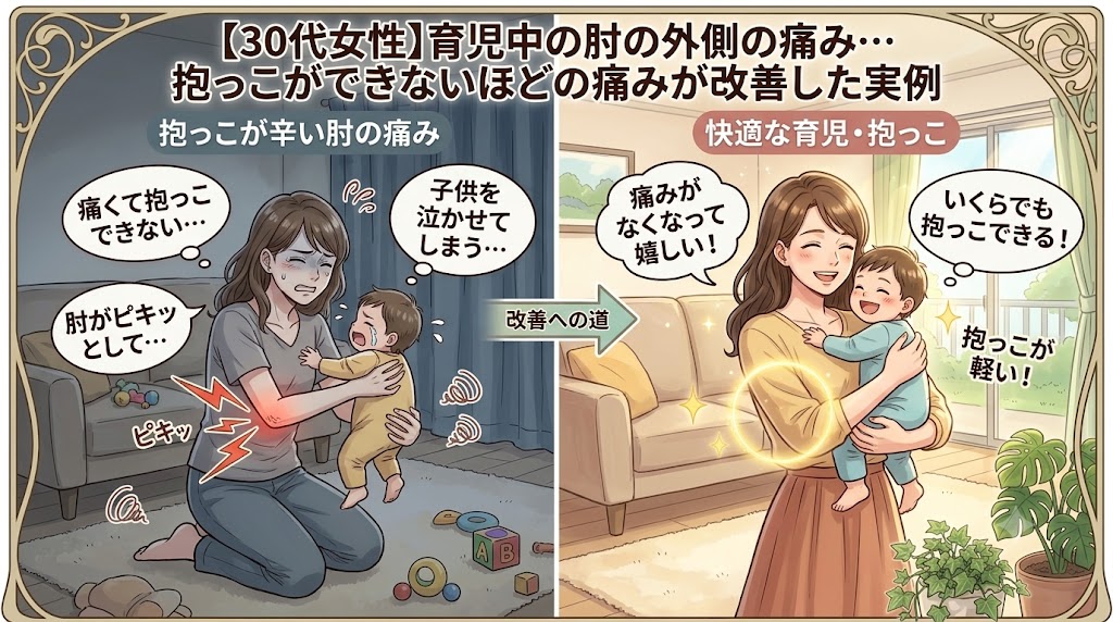 岩倉市と一宮市の間で営業しているいわくら肩甲骨骨盤整骨院での【30代　女性】育児中の肘の外側の痛み。抱っこができないほどの痛みが改善した実例。のサムネイル画像