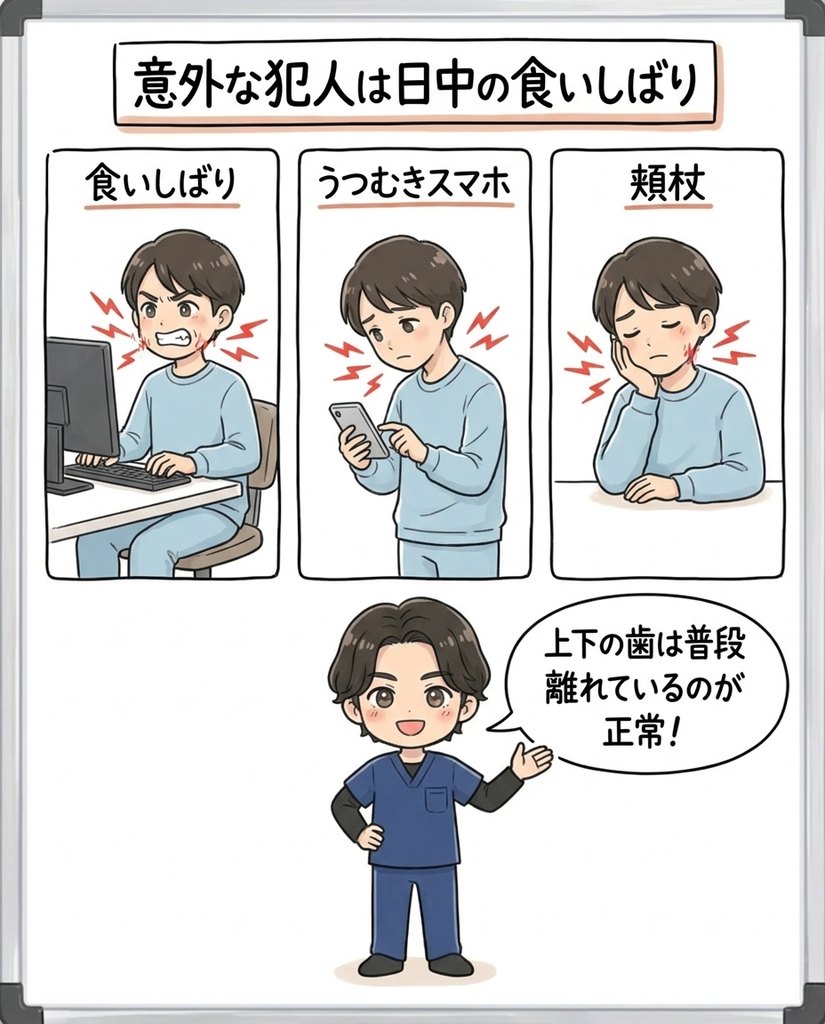 岩倉市・一宮市のいわくら肩甲骨骨盤接骨院による日中の食いしばり・うつむき姿勢が顎に負担をかける図解イラスト