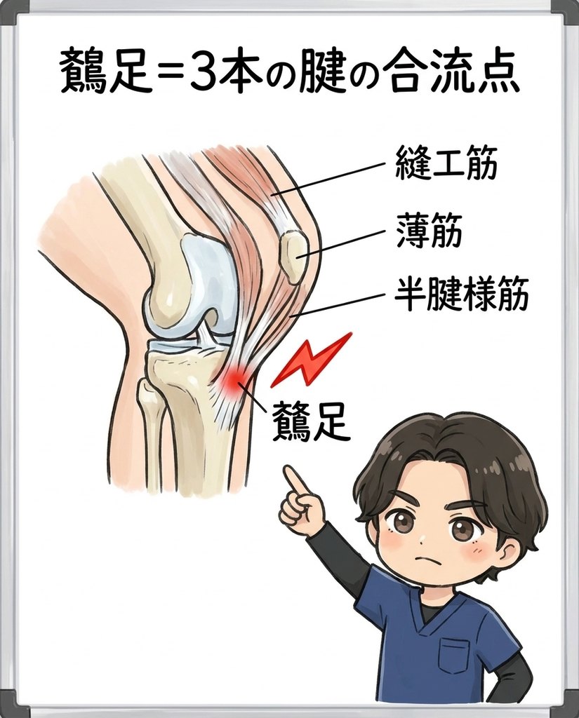 岩倉市・一宮市のいわくら肩甲骨骨盤接骨院による鵞足=縫工筋・薄筋・半腱様筋の3本の腱の合流点の図解イラスト