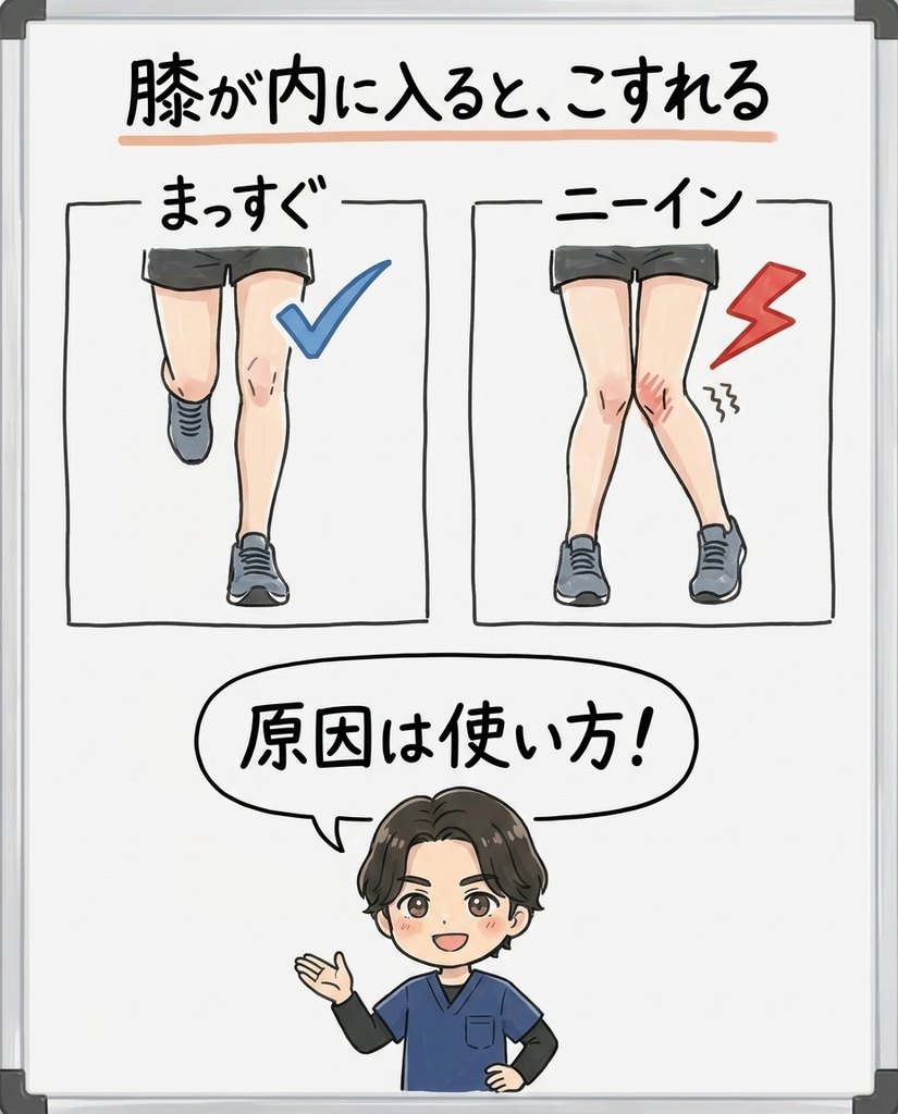 岩倉市・一宮市のいわくら肩甲骨骨盤接骨院による膝が内に入るニーイン動作が鵞足をこすれさせる図解イラスト