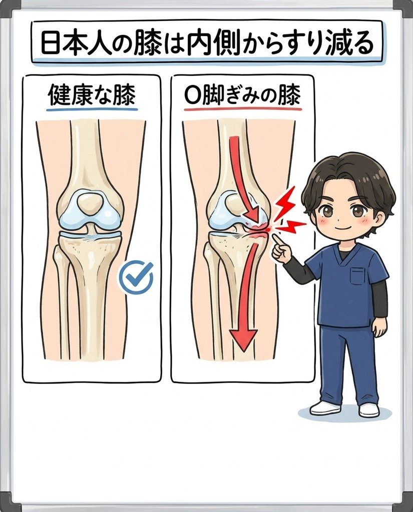 岩倉市・一宮市のいわくら肩甲骨骨盤接骨院による日本人の膝は内側からすり減るという変形性膝関節症の図解イラスト