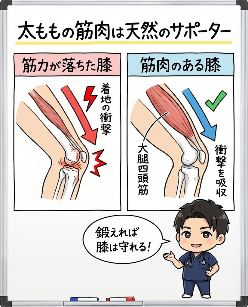 岩倉市・一宮市のいわくら肩甲骨骨盤接骨院による太ももの筋肉（大腿四頭筋）は膝の天然のサポーターという図解イラスト