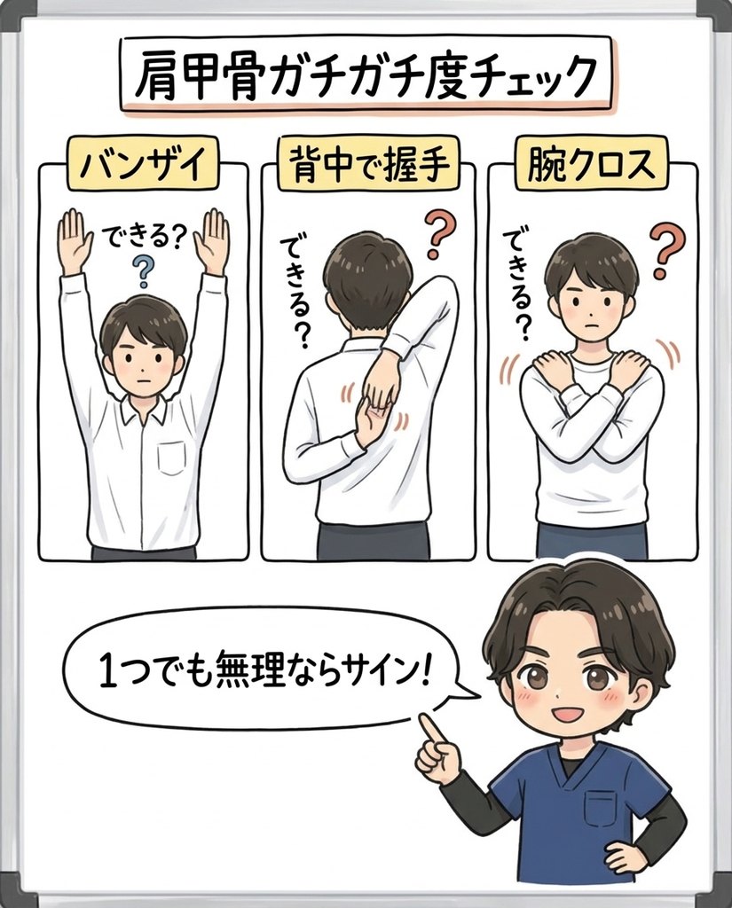 バンザイ・背中で握手・腕クロスの3つの動作で肩甲骨の柔軟性をチェック