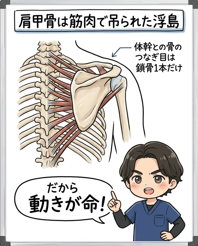 肩甲骨は17個の筋肉で吊られた浮島。体幹との骨のつなぎ目は鎖骨1本だけ