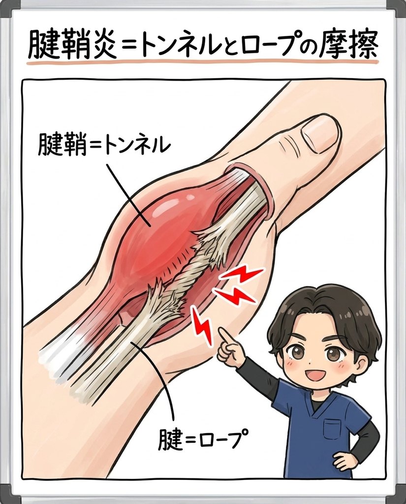 岩倉市・一宮市のいわくら肩甲骨骨盤接骨院による腱鞘炎はロープ（腱）とトンネル（腱鞘）の摩擦という図解イラスト