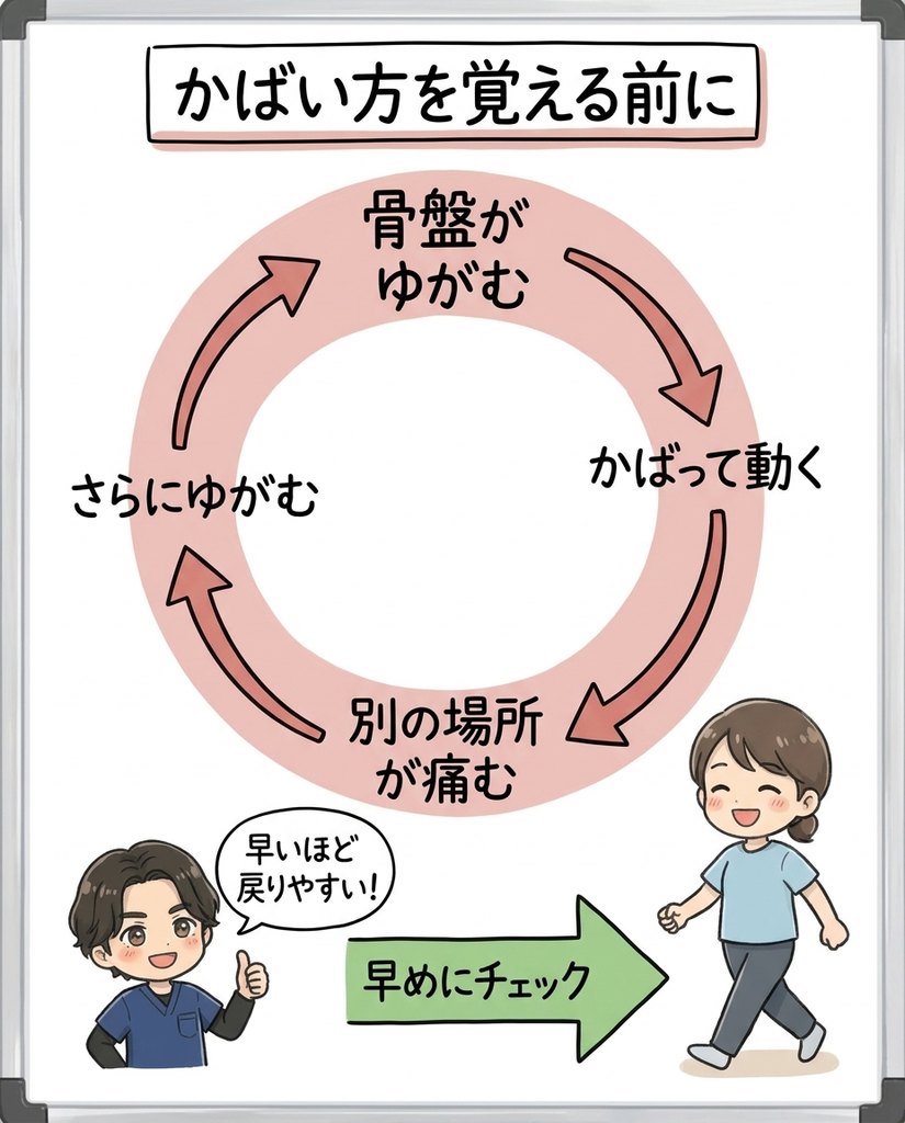 骨盤のゆがみとかばい動作の悪循環。早めのチェックでループから抜け出す
