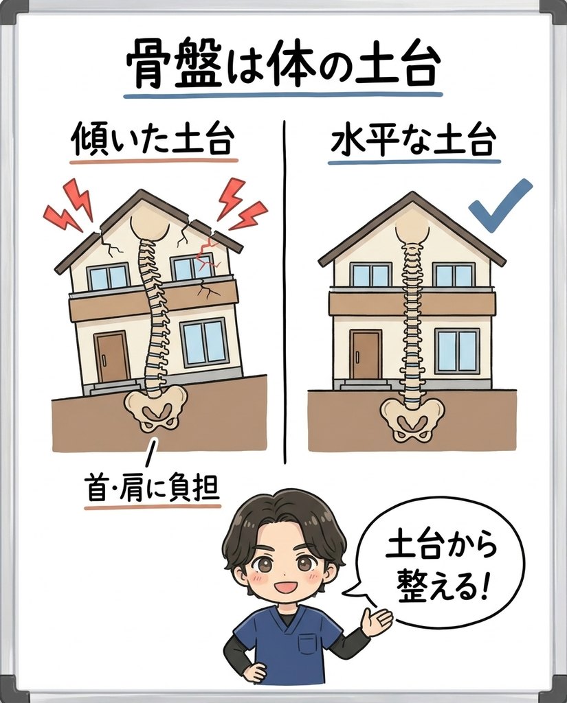 骨盤は体の土台。傾いた土台の上では背骨や首肩に負担がかかる