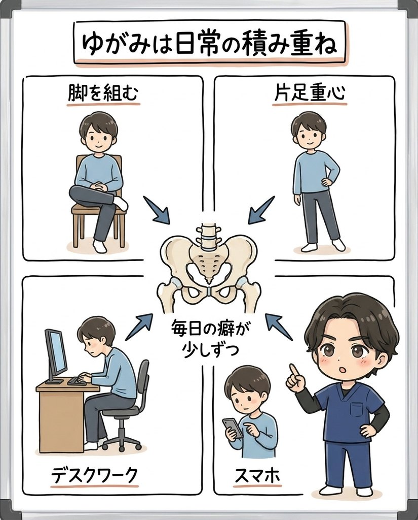 脚組み・片足重心・デスクワーク・スマホ姿勢の積み重ねが骨盤をゆがませる