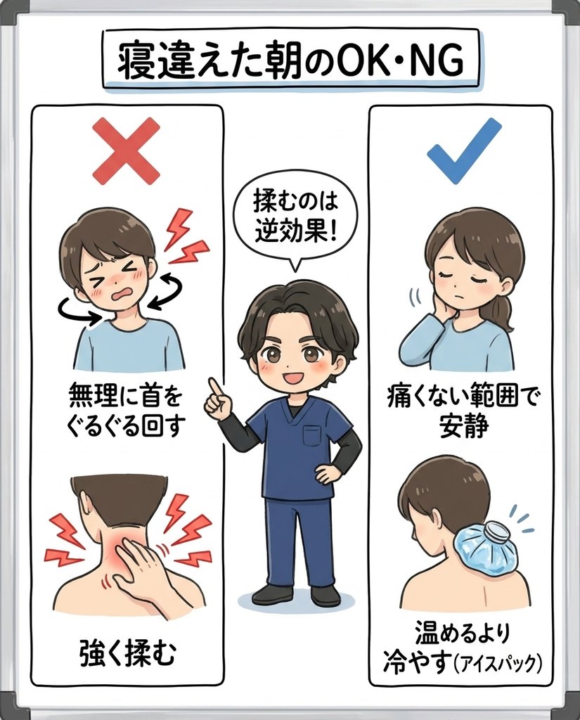 岩倉市・一宮市のいわくら肩甲骨骨盤接骨院による寝違えた朝のOK対処とNG対処の図解イラスト
