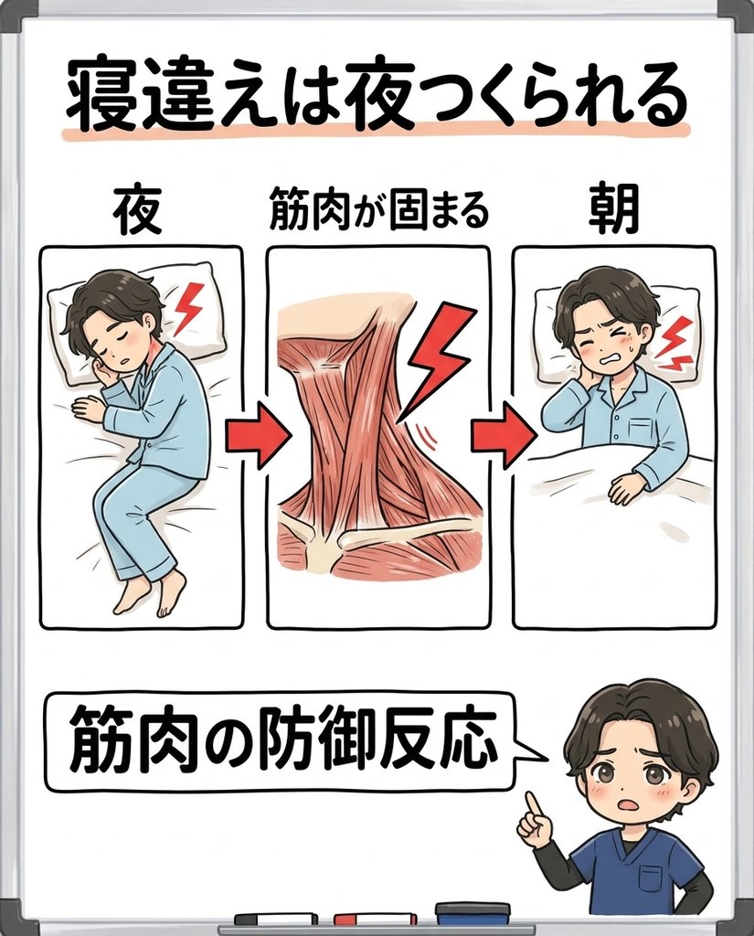 岩倉市・一宮市のいわくら肩甲骨骨盤接骨院による寝違えが夜の無理な姿勢で作られるメカニズムの図解イラスト
