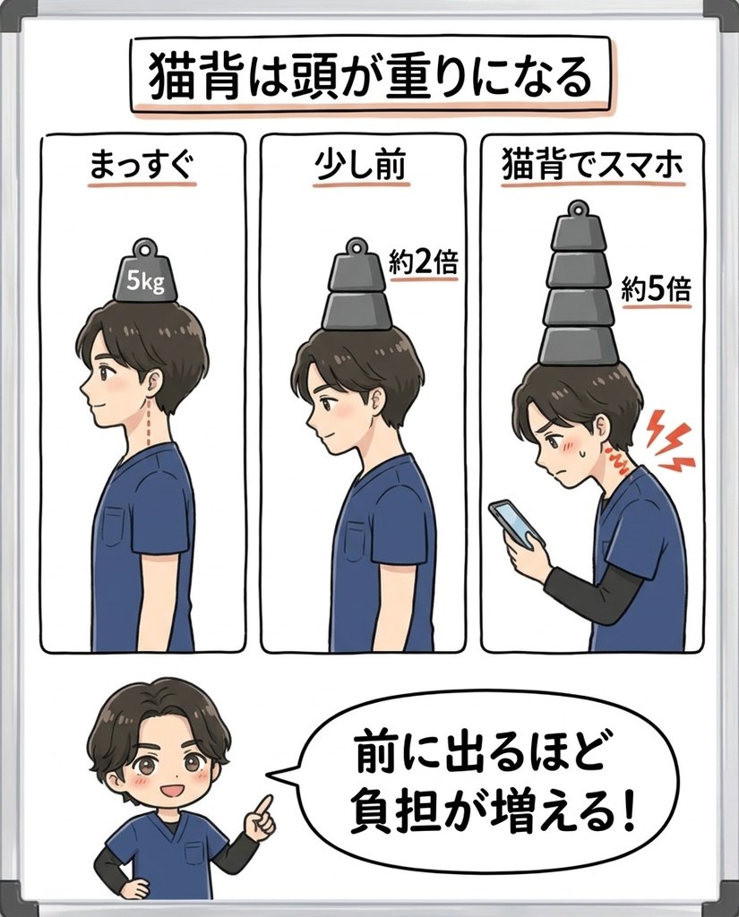 頭が前に出るほど首の負担が増える。猫背でスマホは要注意