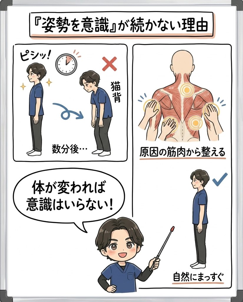姿勢の意識は数分で戻る。原因の筋肉から整えるのが近道