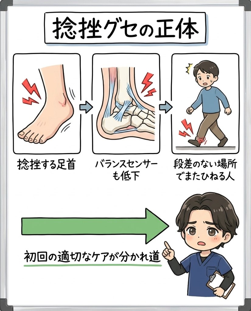 岩倉市・一宮市のいわくら肩甲骨骨盤接骨院による捻挫グセの正体（靭帯の緩みとバランスセンサー低下）の図解イラスト