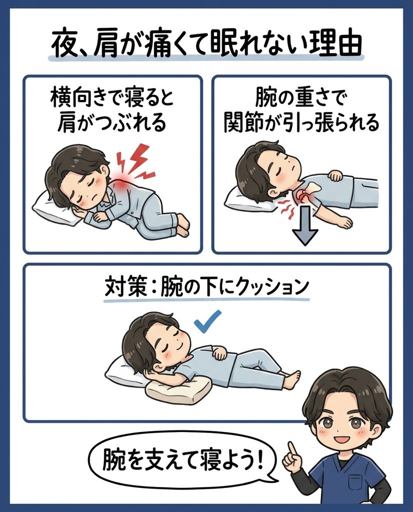 夜間痛の理由と寝方の対策の説明図