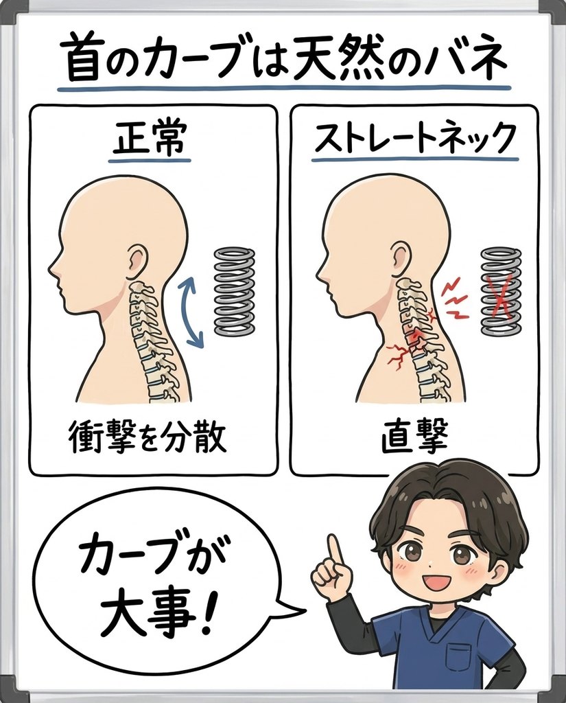 正常な首のカーブとストレートネックの比較図。カーブは衝撃を分散するバネ