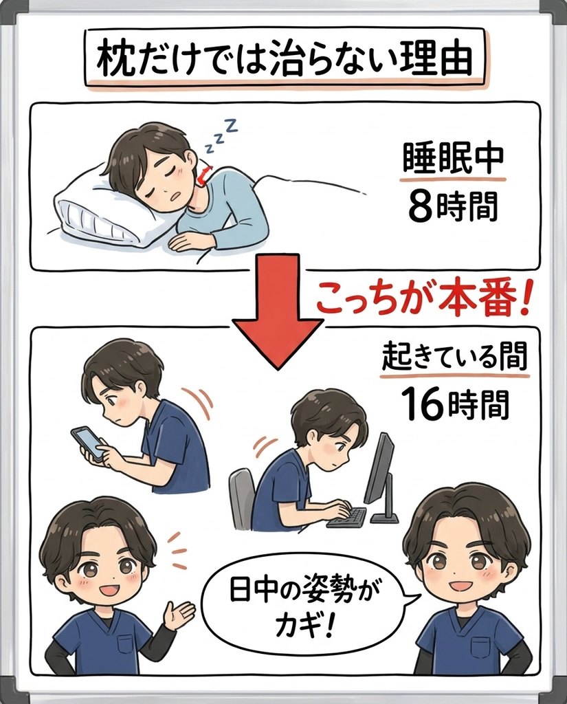 睡眠8時間より起きている16時間の姿勢が重要という図
