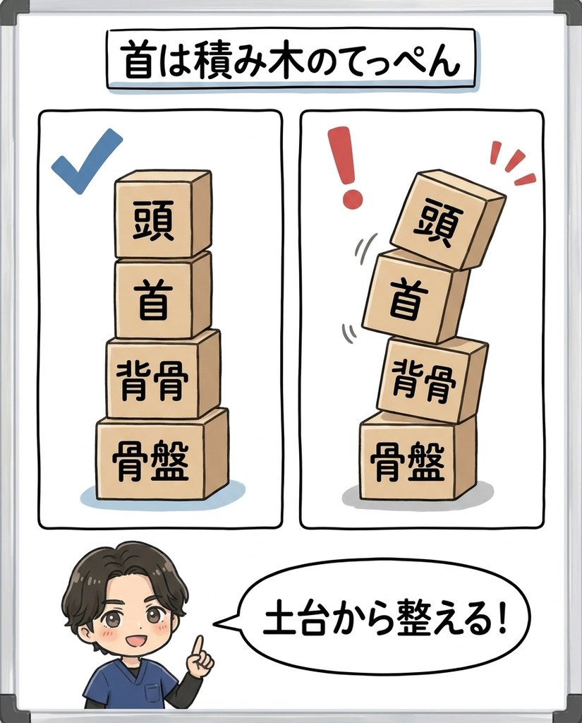 首は積み木のてっぺん。骨盤や背骨が傾くと首もずれるという図