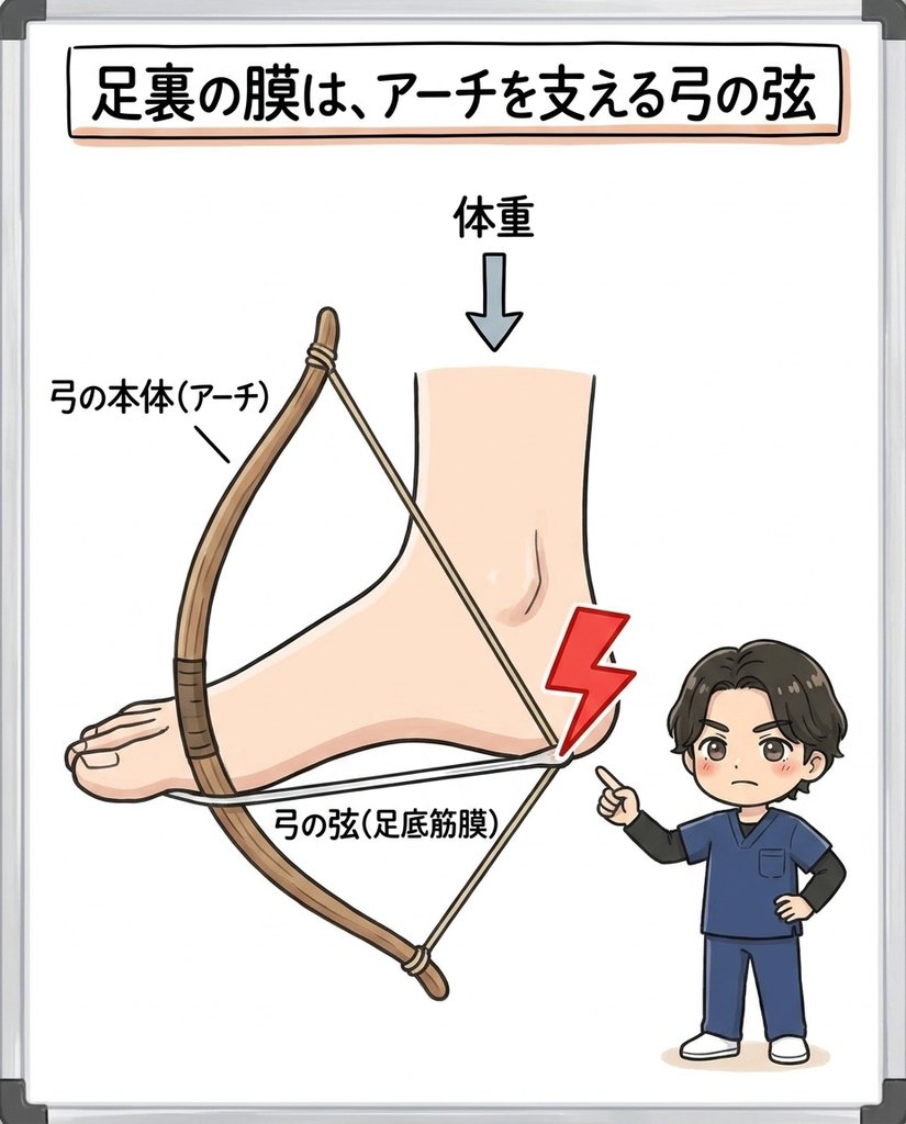 岩倉市・一宮市のいわくら肩甲骨骨盤接骨院による足底筋膜は土踏まずのアーチを支える弓の弦という図解イラスト
