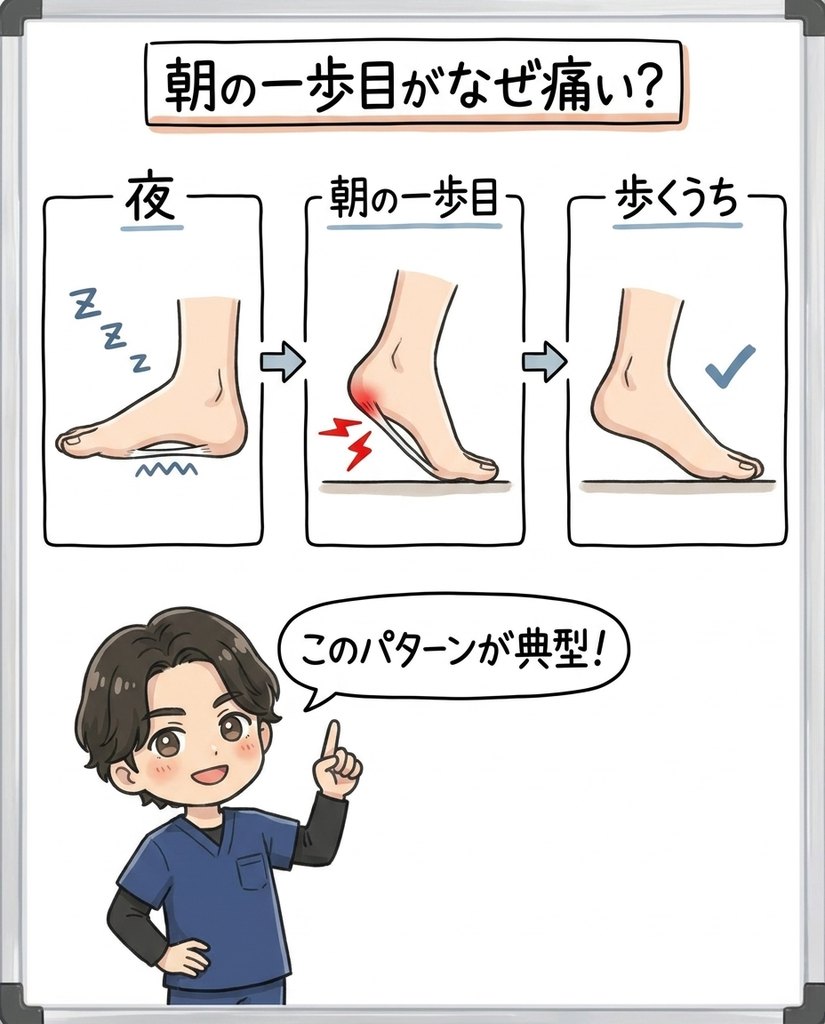 岩倉市・一宮市のいわくら肩甲骨骨盤接骨院による足底筋膜炎の朝の一歩目が痛い理由の図解イラスト