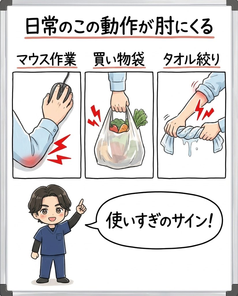 岩倉市・一宮市のいわくら肩甲骨骨盤接骨院によるマウス作業・買い物袋・タオル絞りがテニス肘の負担になる図解イラスト