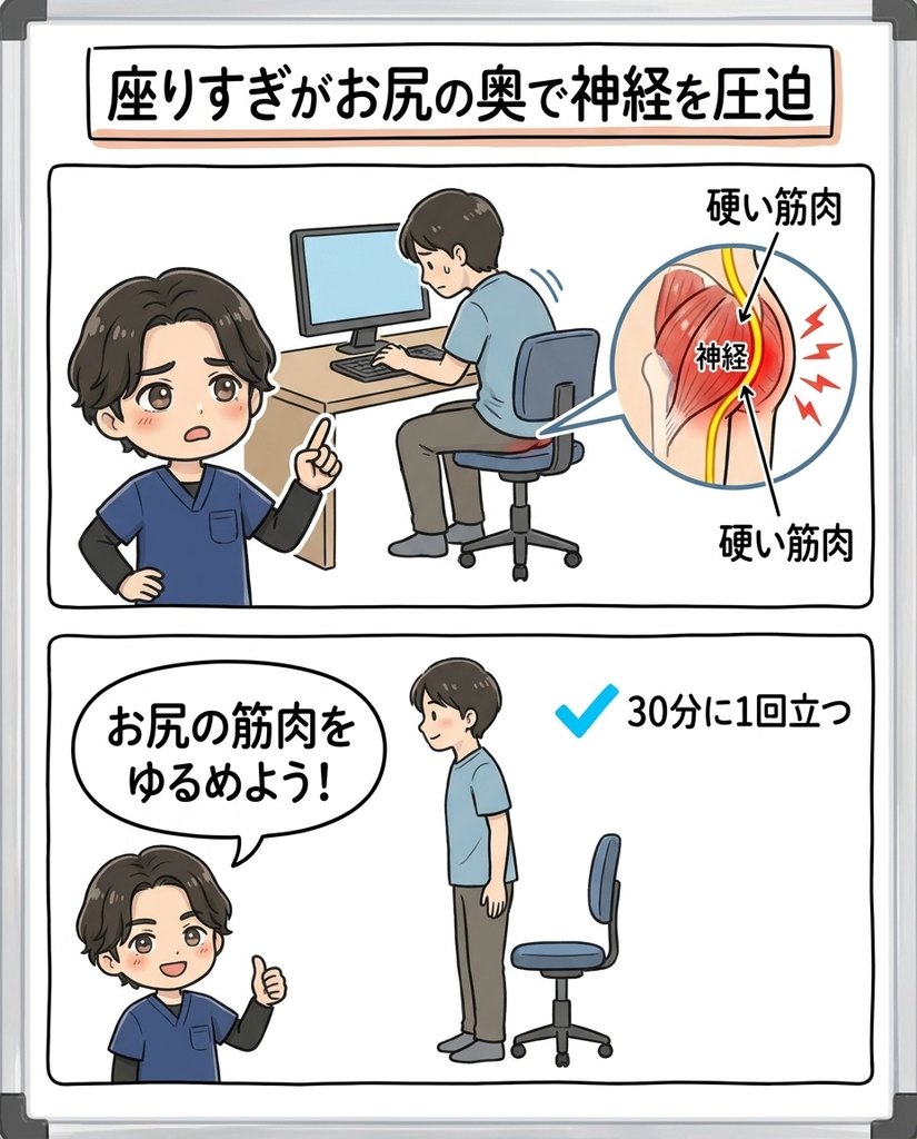 座りすぎでお尻の奥の梨状筋が坐骨神経を圧迫する図