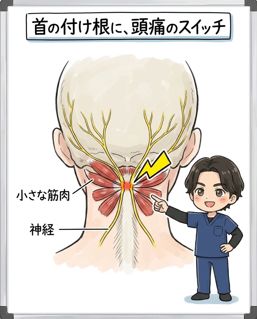 首の付け根の小さな筋肉と神経が頭痛のスイッチになる説明図