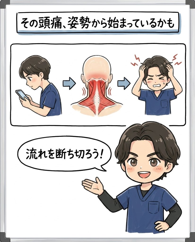スマホ姿勢から首の緊張、頭痛へつながる流れの図