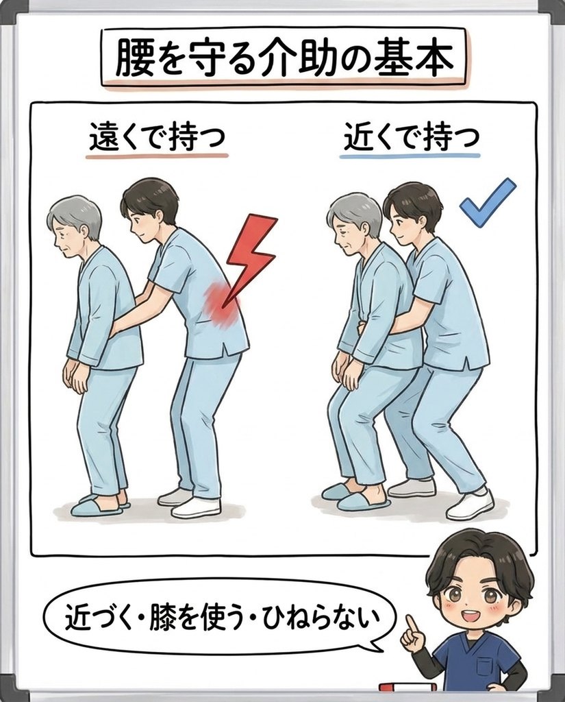 岩倉市・一宮市のいわくら肩甲骨骨盤接骨院による、介助時に相手へ近づき膝を使う正しい姿勢の図解イラスト