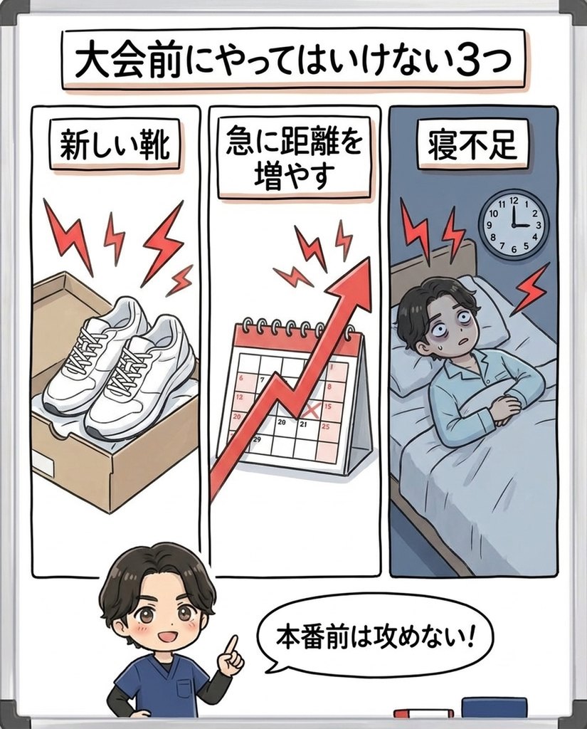 岩倉市・一宮市のいわくら肩甲骨骨盤接骨院による、大会前にやってはいけない3つ（新しい靴・急な距離増・寝不足）の図解イラスト