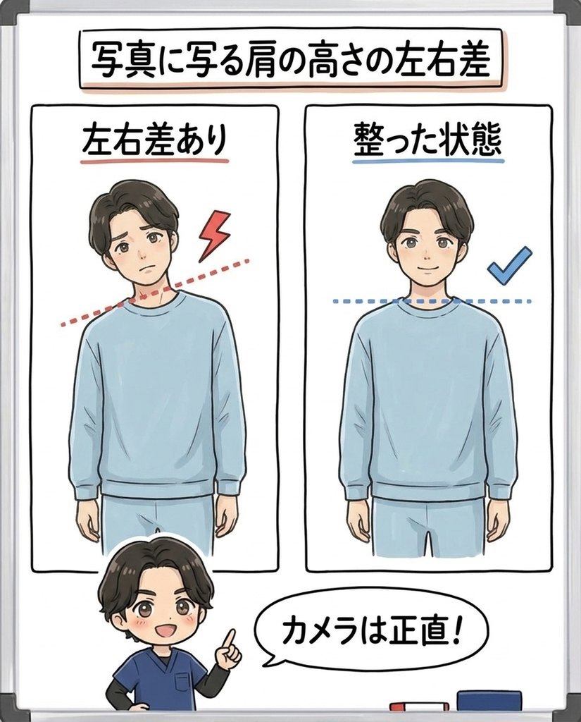 岩倉市・一宮市のいわくら肩甲骨骨盤接骨院による、写真に写る肩の高さの左右差と整った状態の比較図解イラスト