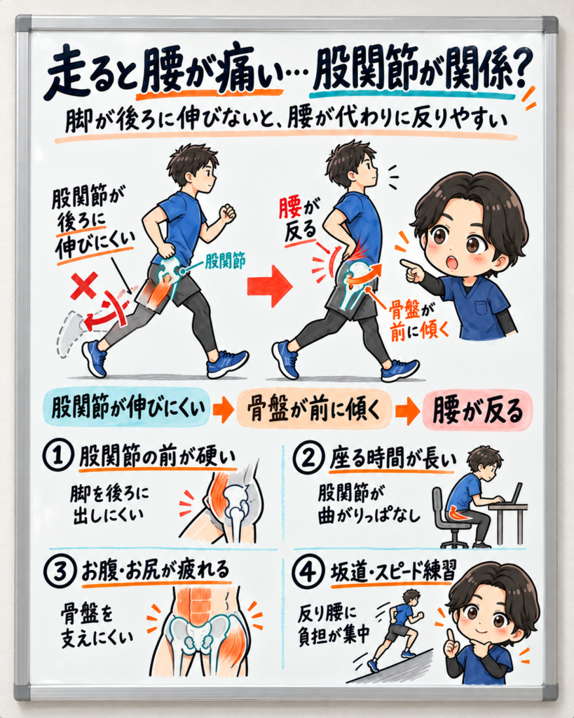 ランニング中に股関節が後ろに伸びにくいことで、骨盤が前傾し腰が反りやすくなる仕組みと、股関節の硬さ・長時間の座り姿勢・筋肉の疲労・坂道やスピード練習の影響を解説したイラスト図解。