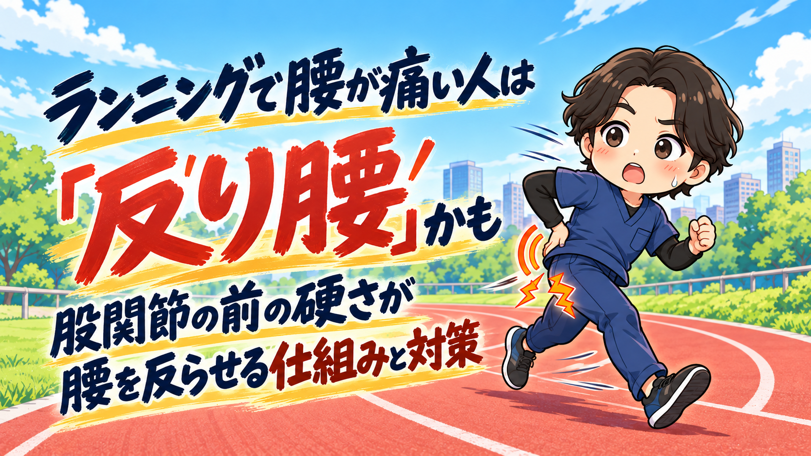 ランニング中に腰を押さえて痛がるキャラクターと「反り腰」の文字を描いたアイキャッチ画像。股関節の前側の硬さによって腰が反り、ランニング中の腰痛につながる仕組みと対策を紹介。
